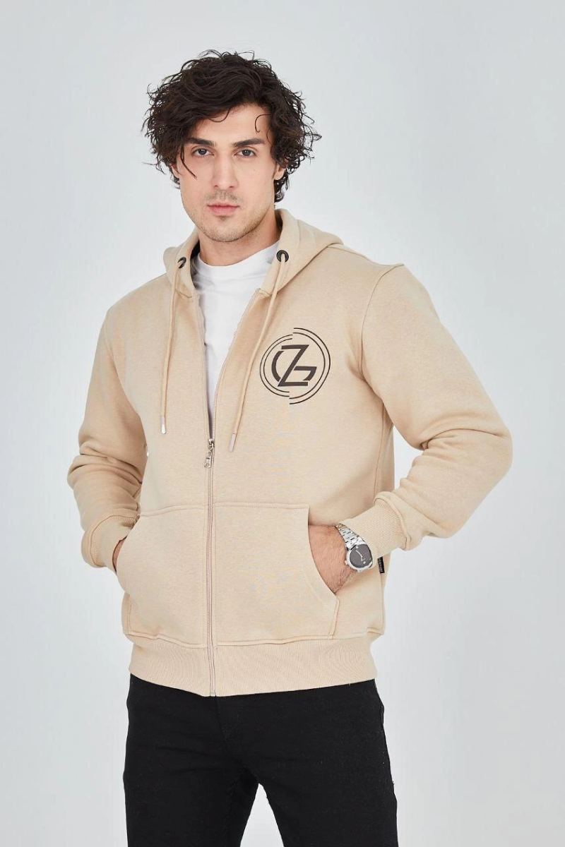 Erkek 3 İplik Pamuklu Fermuarlı Kapüşonlu Kanguru Cepli Baskılı Hoodie Hırka Sweatshirt - Bej