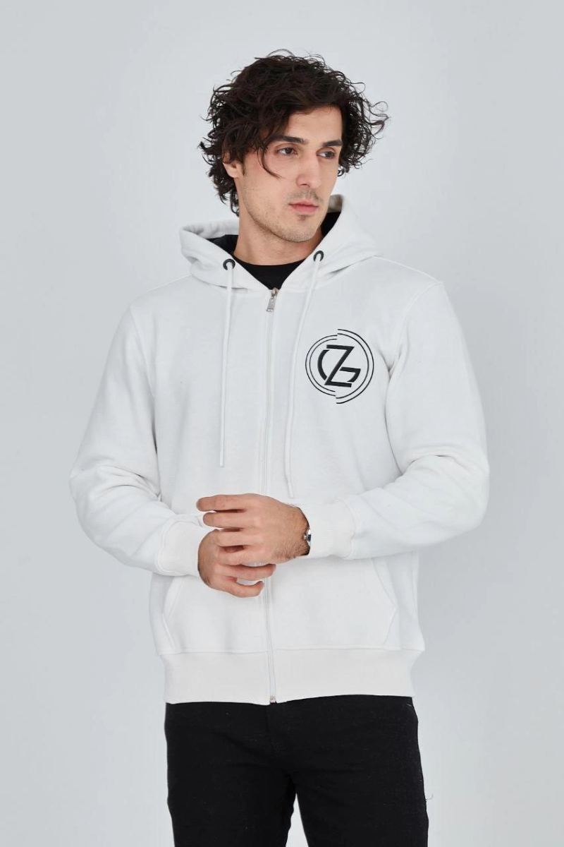Erkek 3 İplik Pamuklu Fermuarlı Kapüşonlu Kanguru Cepli Baskılı Hoodie Hırka Sweatshirt - Beyaz