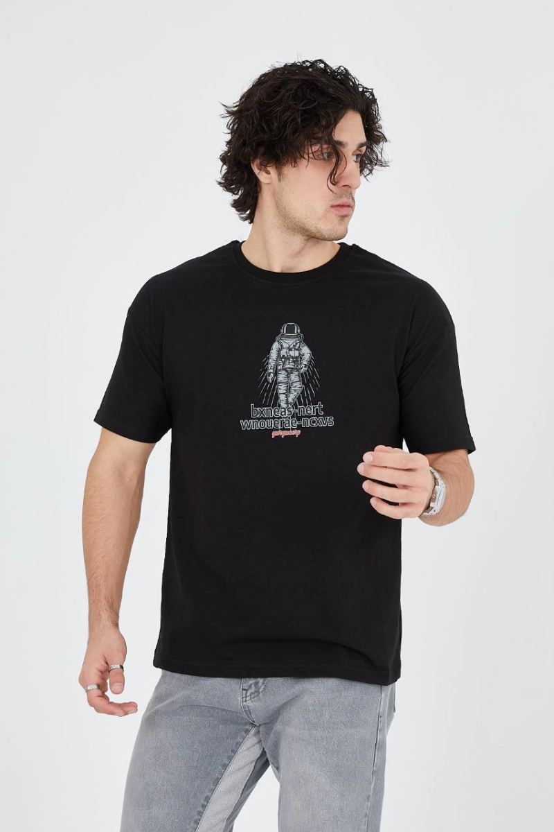 Erkek Baskılı T-Shirt Kısa Kol Bisiklet Yaka Regular Fit Rahat Kalıp Günlük Tişört - Siyah