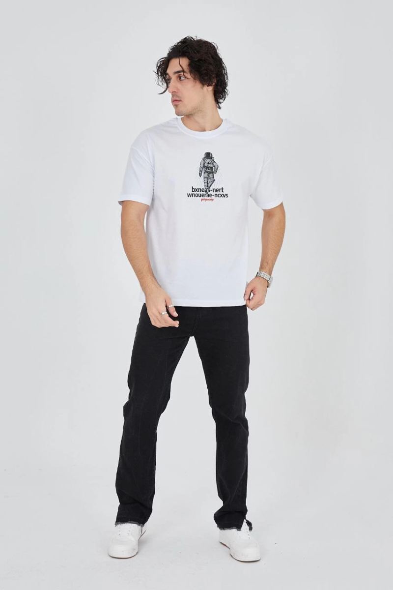 Erkek Baskılı T-Shirt Kısa Kol Bisiklet Yaka Regular Fit Rahat Kalıp Günlük Tişört - Beyaz