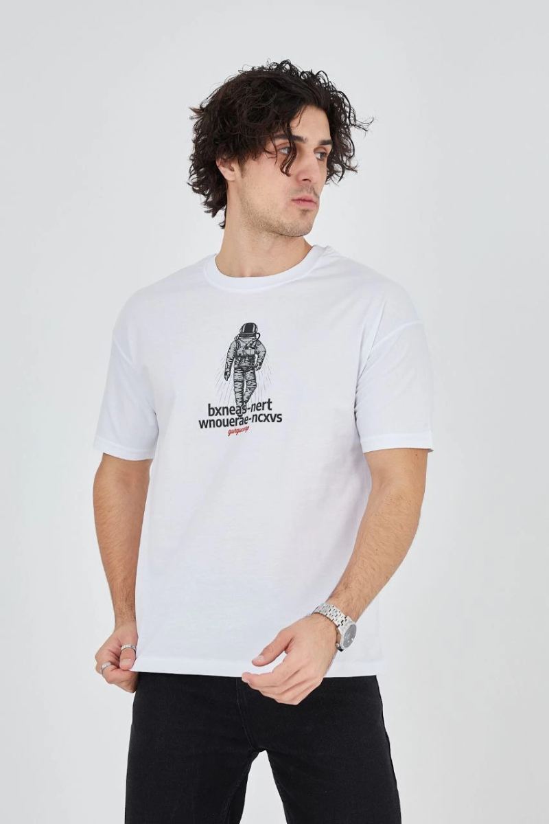Erkek Baskılı T-Shirt Kısa Kol Bisiklet Yaka Regular Fit Rahat Kalıp Günlük Tişört - Beyaz