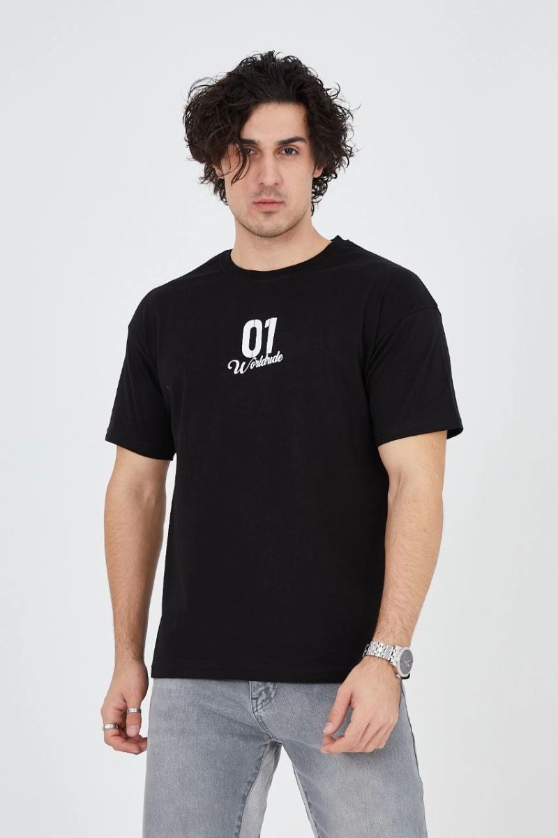 Erkek Baskılı T-Shirt Kısa Kol Bisiklet Yaka Regular Fit Rahat Kalıp Günlük Tişört - Siyah
