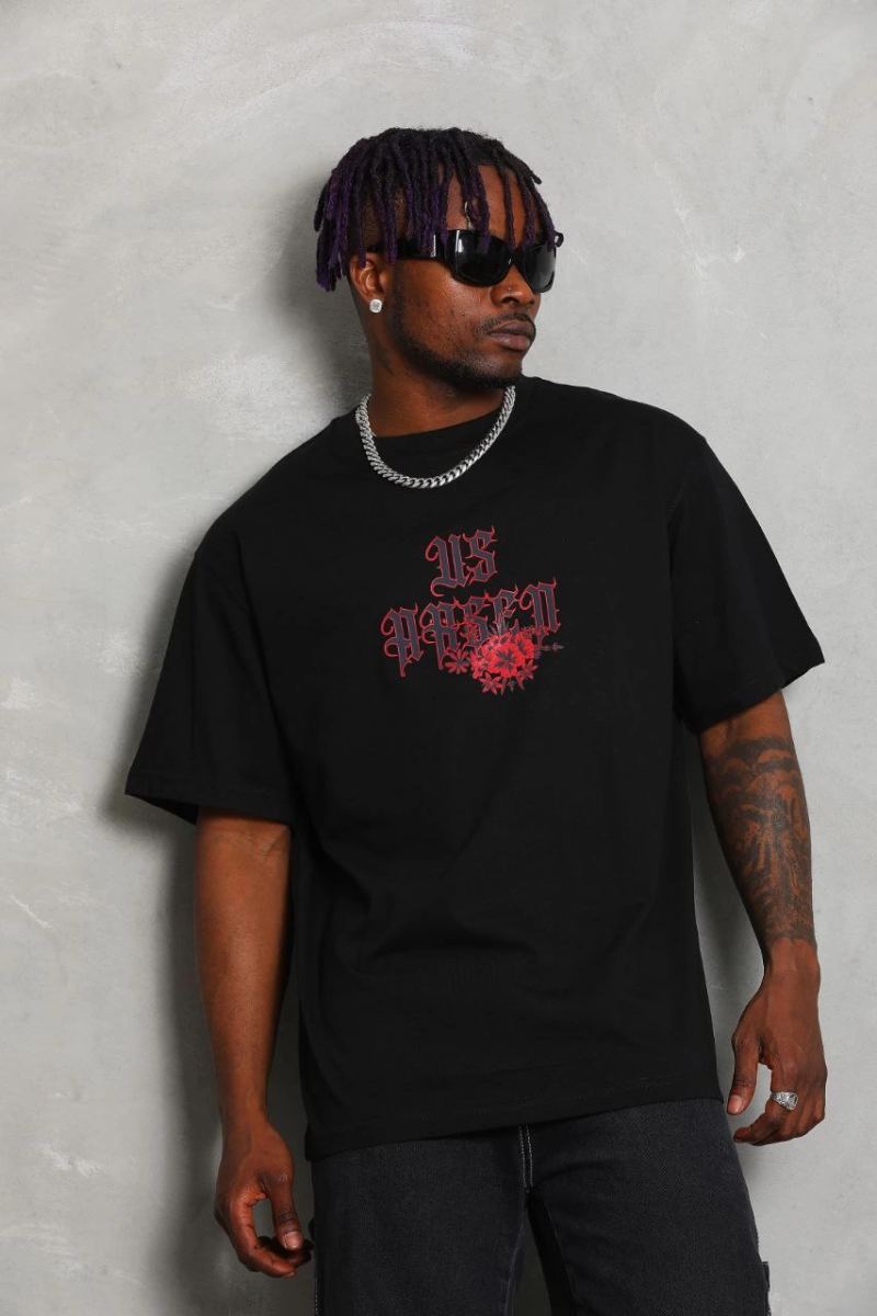 Erkek Baskılı Tişört Kısa Kol Bisiklet Yaka Oversize T-Shirt - Siyah