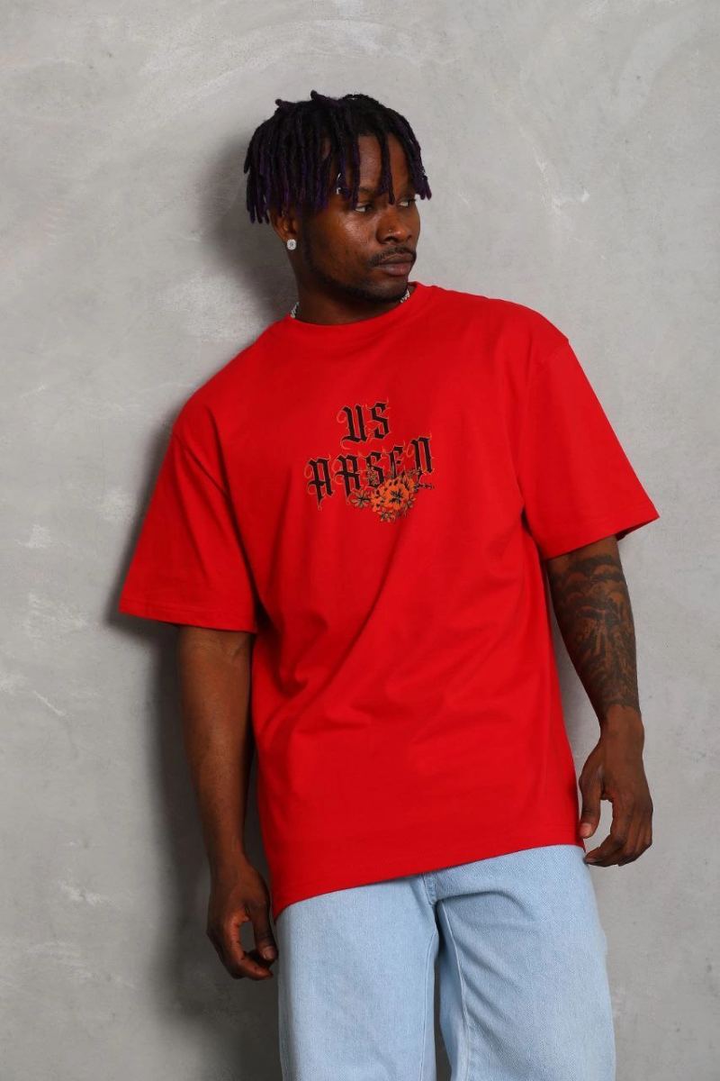 Erkek Baskılı Tişört Kısa Kol Bisiklet Yaka Oversize T-Shirt - Kırmızı