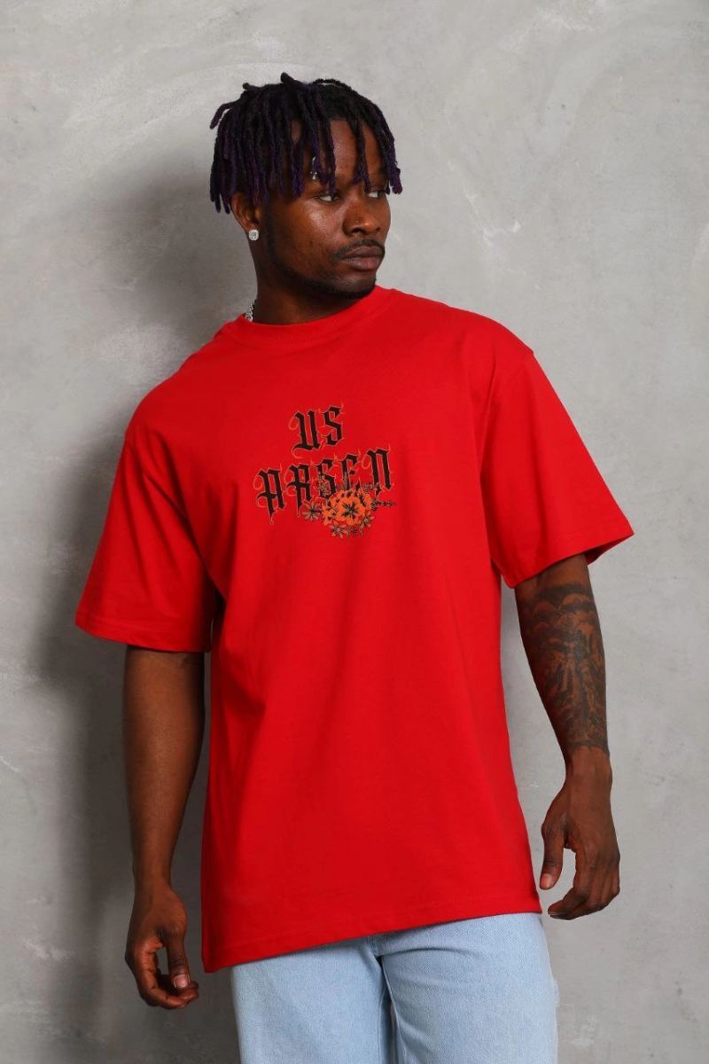 Erkek Baskılı Tişört Kısa Kol Bisiklet Yaka Oversize T-Shirt - Kırmızı