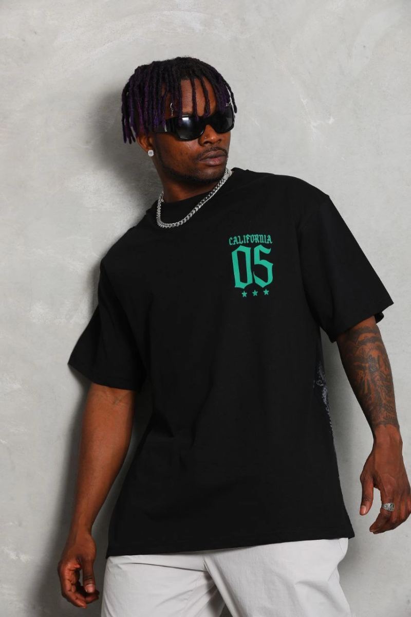Erkek Baskılı Bisiklet Yaka  Kısa kol T-Shirt - Siyah