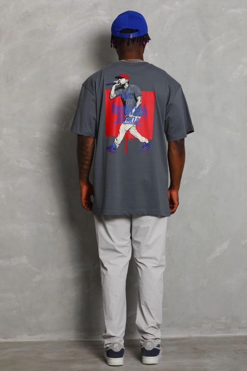 Erkek Baskılı Tişört Kısa Kol Bisiklet Yaka Oversize T-Shirt - Füme