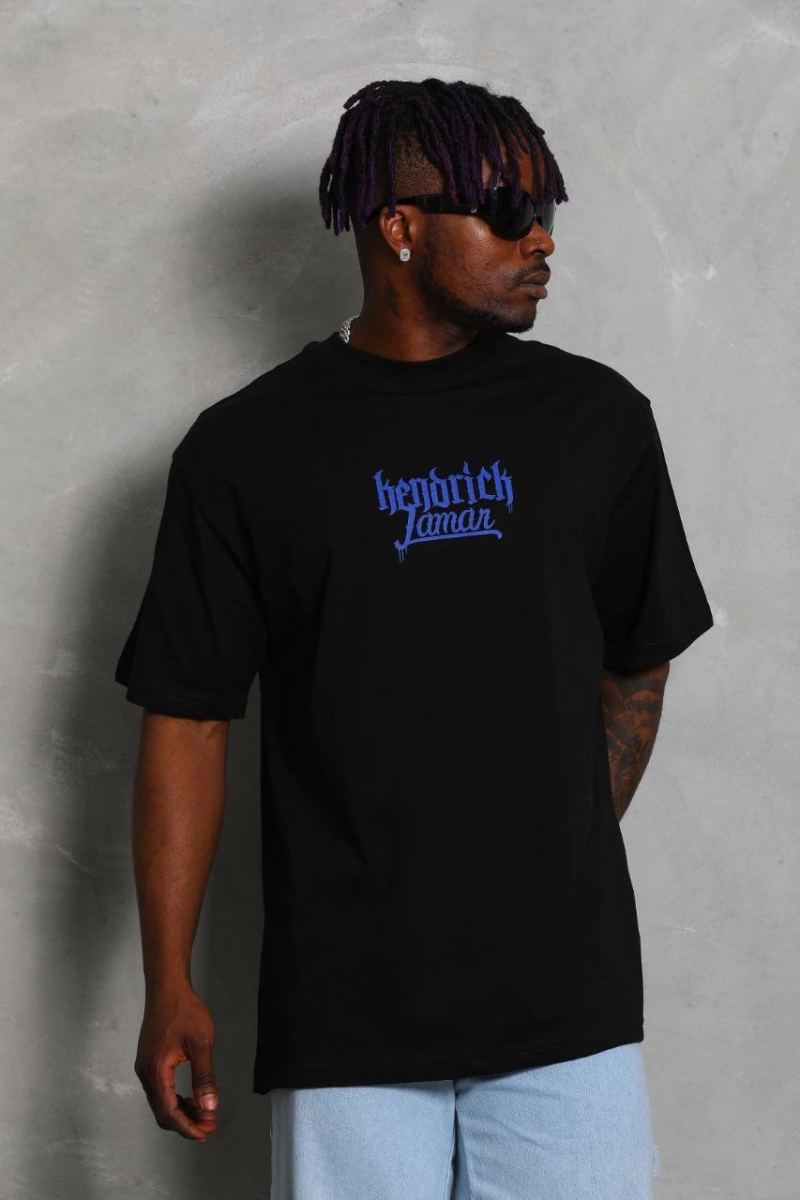 Erkek Baskılı Tişört Kısa Kol Bisiklet Yaka Oversize T-Shirt - - Siyah