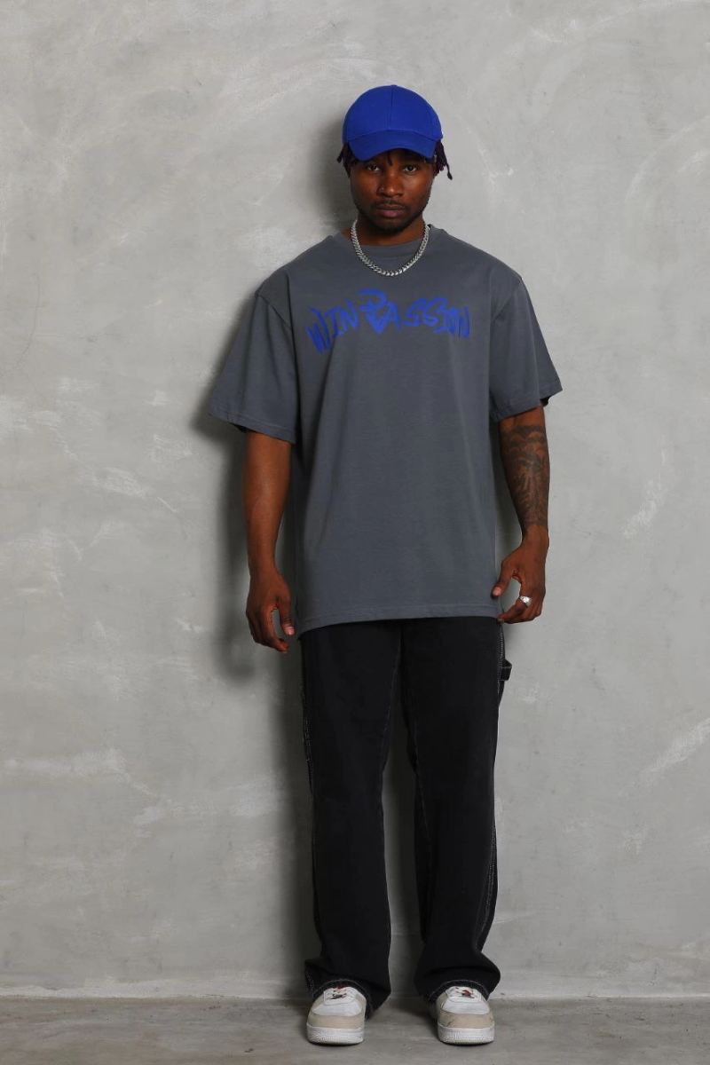 Erkek Baskılı Tişort Kısa Kol Bisiklet Yaka Oversize T-Shirt - Füme