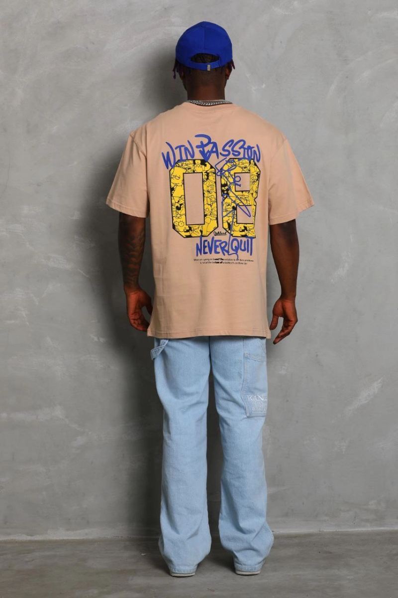 Erkek Baskılı Tişört Kısa Kol Bisiklet Yaka Oversize T-Shirt - Bej
