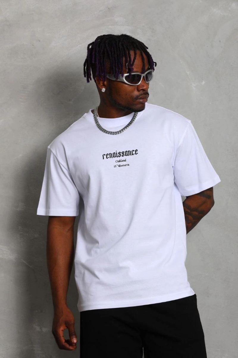 Erkek Baskılı Bisiklet Yaka kısa kol T-Shirt - Beyaz