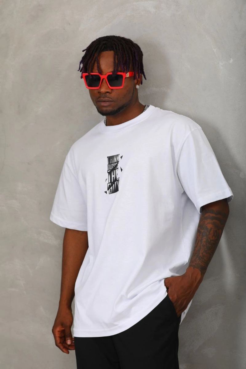 Erkek kısa kol Baskılı Bisiklet Yaka T-Shirt - Beyaz