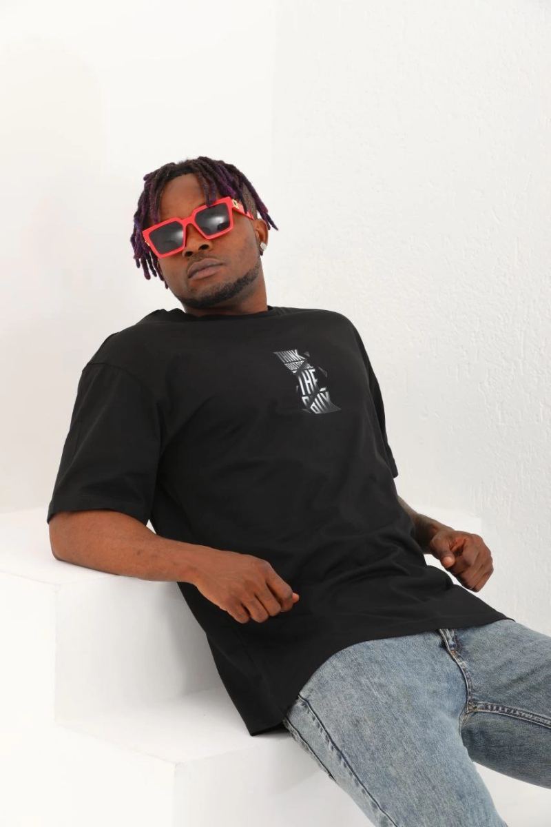Erkek Kısa kol Baskılı Bisiklet Yaka T-Shirt - Siyah