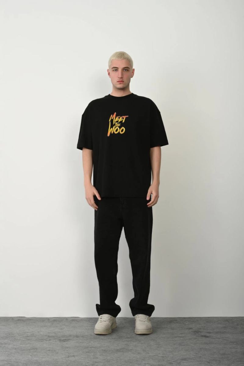 Erkek Baskıkı Kısa kok Bisiklet Yaka  T-Shirt - Siyah