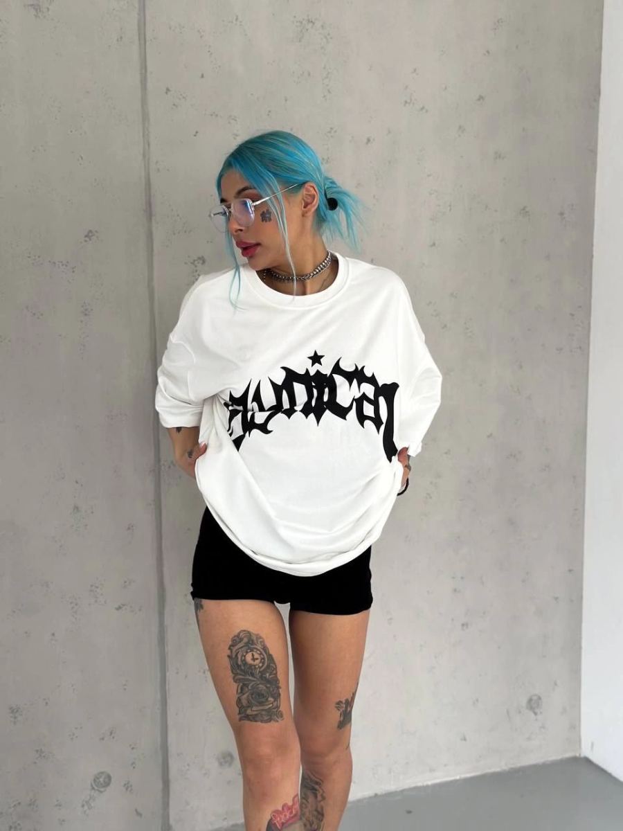 Kadın Baskıkı Bisiklet Yaka T-Shirt - Beyaz