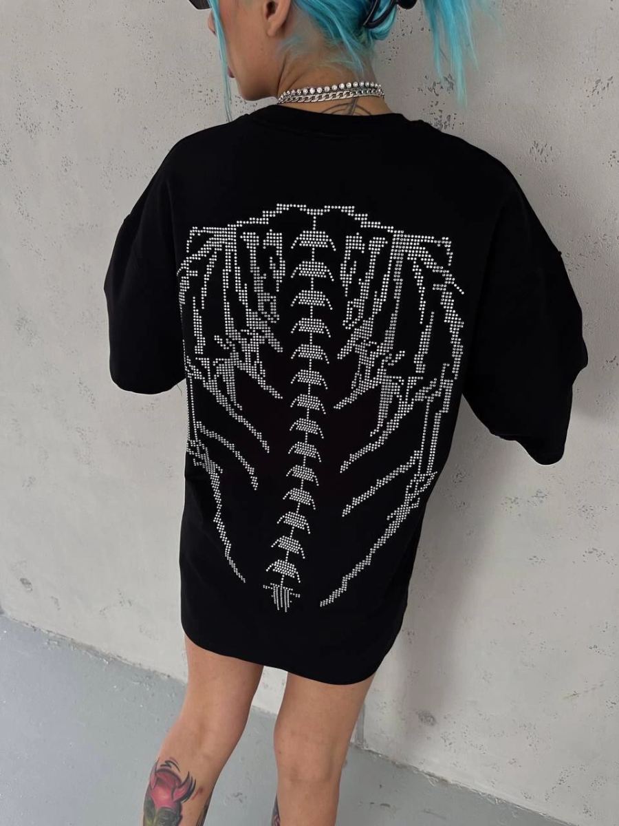 Kadın Baskılı Bisiklet Yaka T-Shirt - Siyah