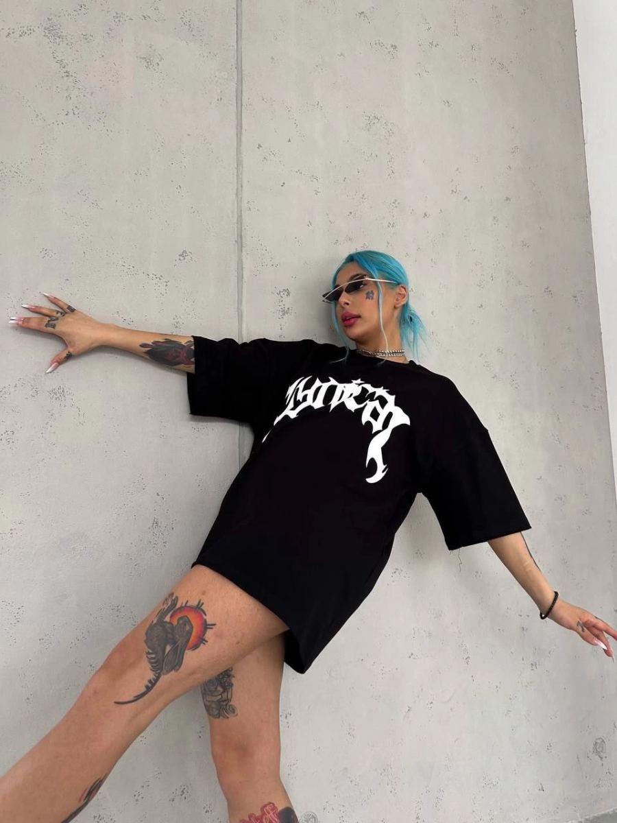 Kadın Baskılı Bisiklet Yaka T-Shirt - Siyah