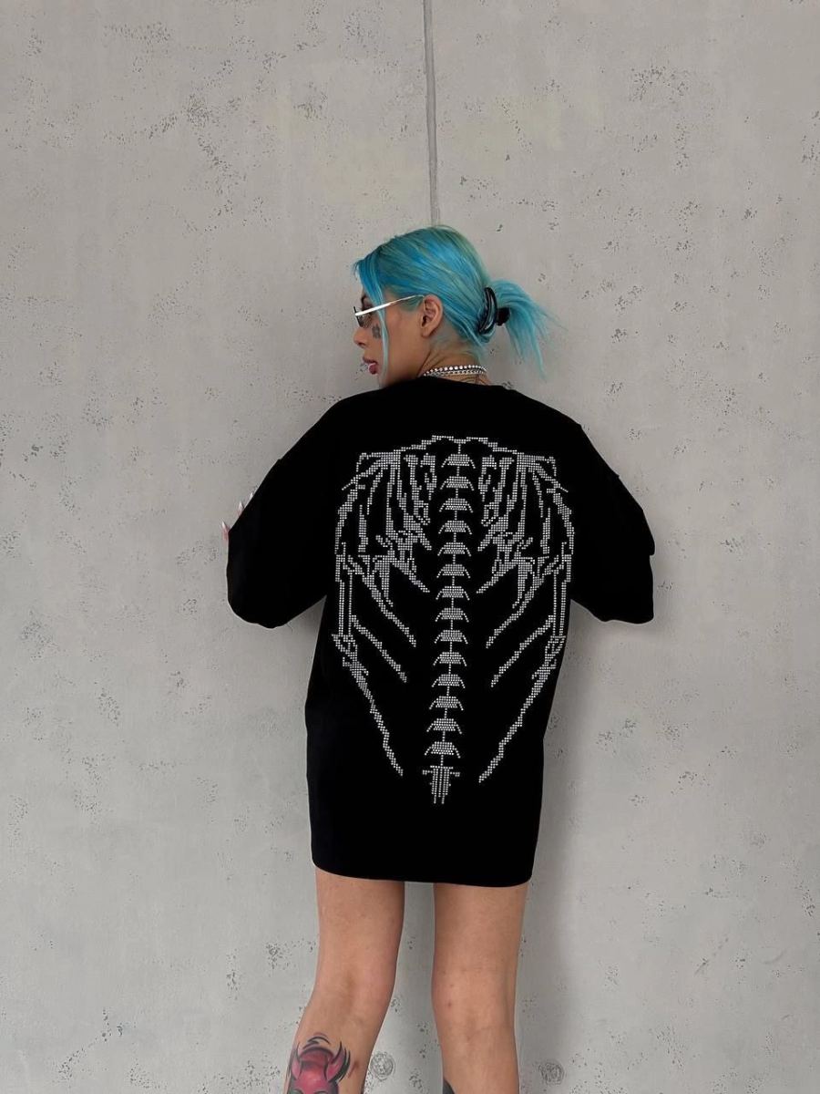 Kadın Baskılı Bisiklet Yaka T-Shirt - Siyah