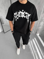 Erkek Baskılı Bisiklet Yaka T-Shirt - Siyah