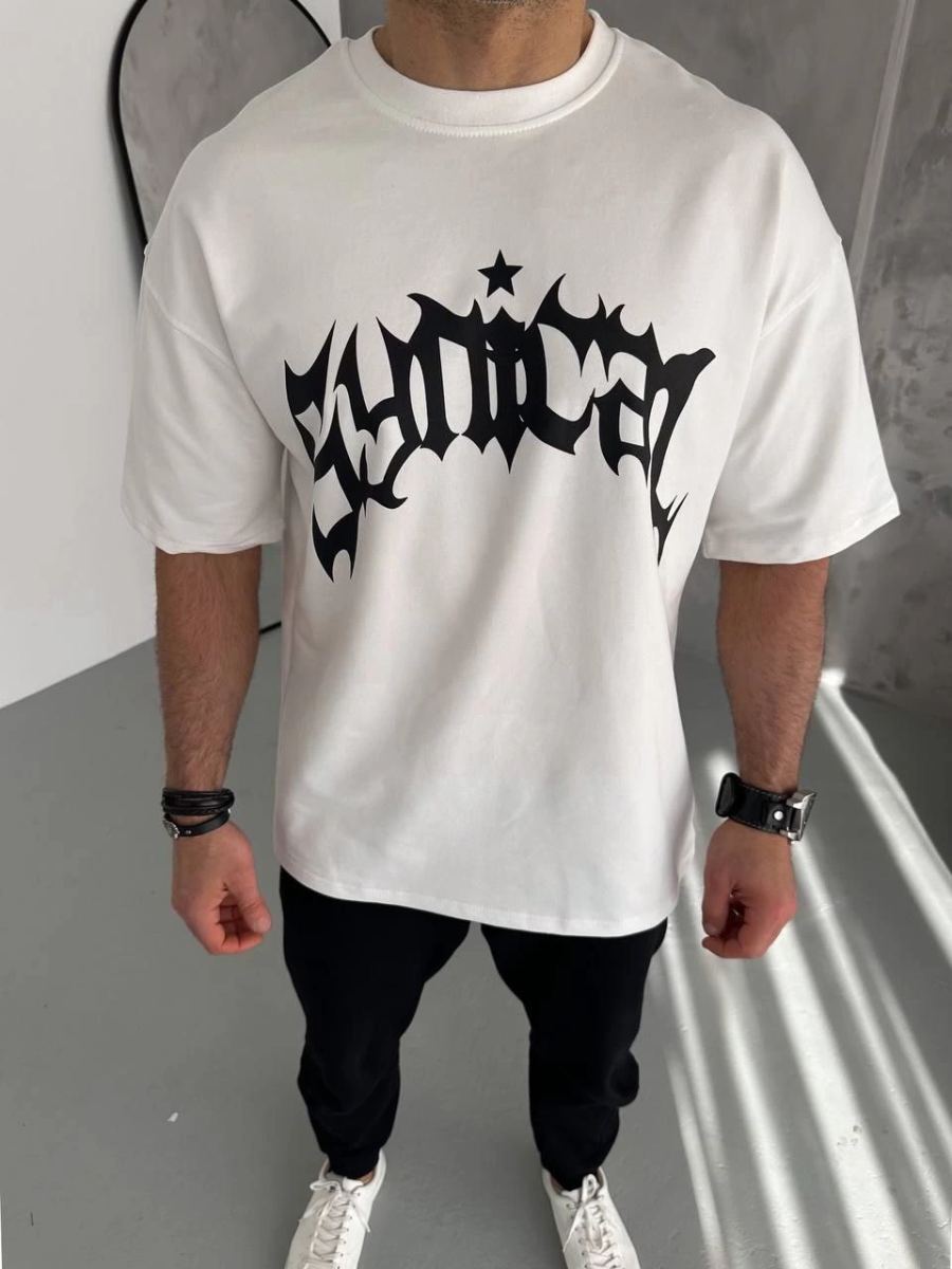 Erkek Baskılı Bisiklet Yaka T-Shirt - Beyaz