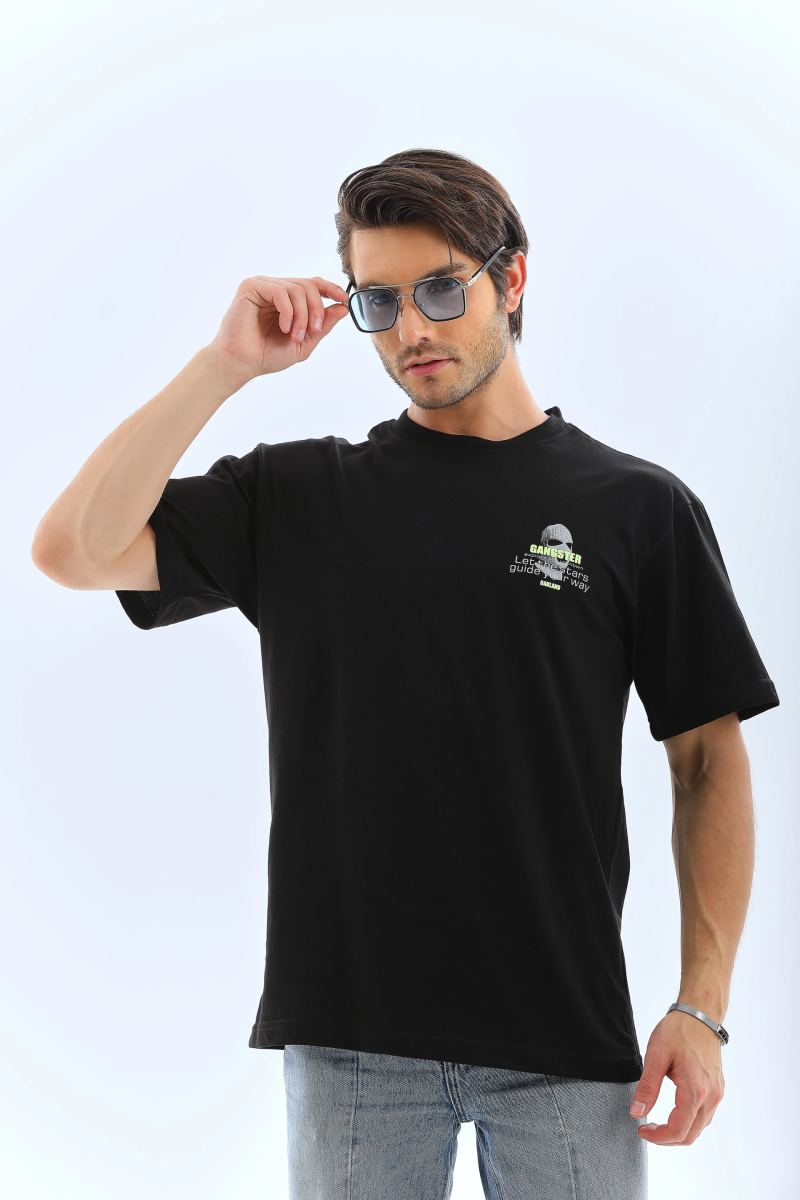 Erkek Baskılı Bisiklet Yaka Kısa kol T-Shirt - Siyah