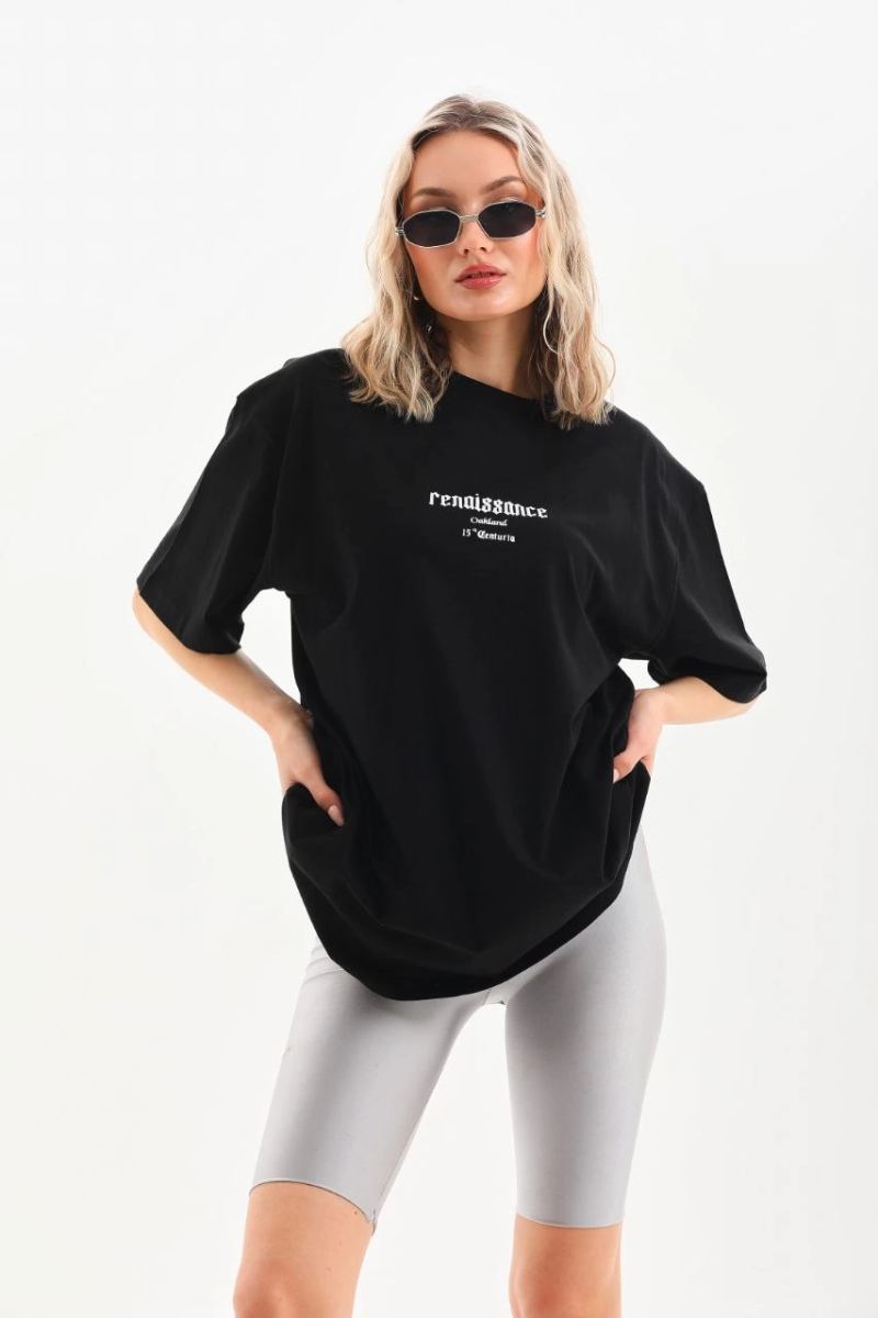 Kadın Baskılı Oversize Kısa kol  T-Shirt - Siyah