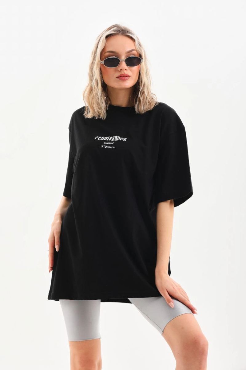 Kadın Baskılı Oversize Kısa kol  T-Shirt - Siyah