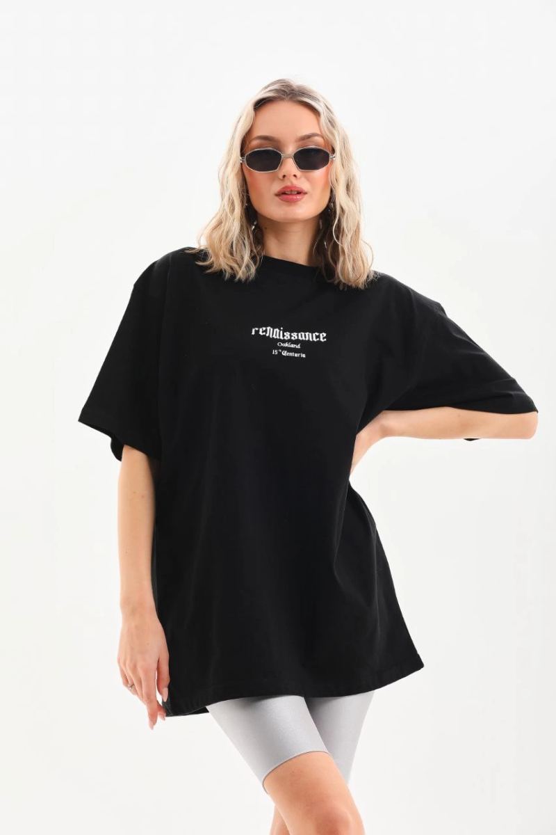 Kadın Baskılı Oversize Kısa kol  T-Shirt - Siyah