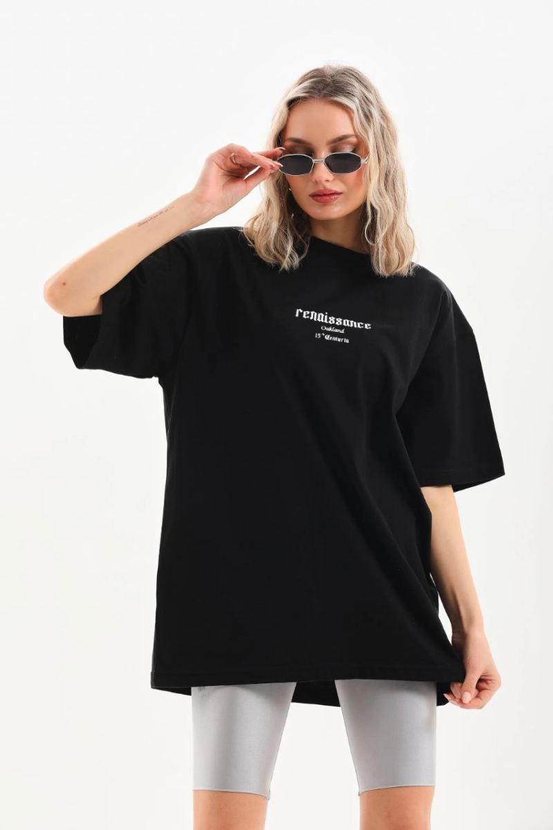 Kadın Baskılı Oversize Kısa kol  T-Shirt - Siyah