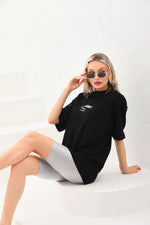 Kadın Baskılı Oversize Kısa kol  T-Shirt - Siyah