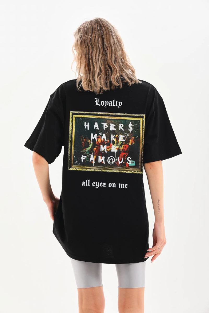 Kadın Kısa Kol Yazlık Tişört Bisiklet Yaka Baskılı Oversize T-Shirt - Siyah