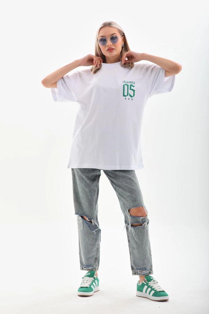 Kadın Kısa kol Oversize Baskılı T-Shirt - Beyaz