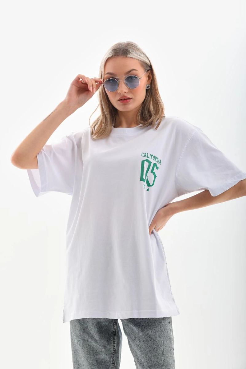 Kadın Baskılı kısa kol  Oversize T-Shirt - Beyaz