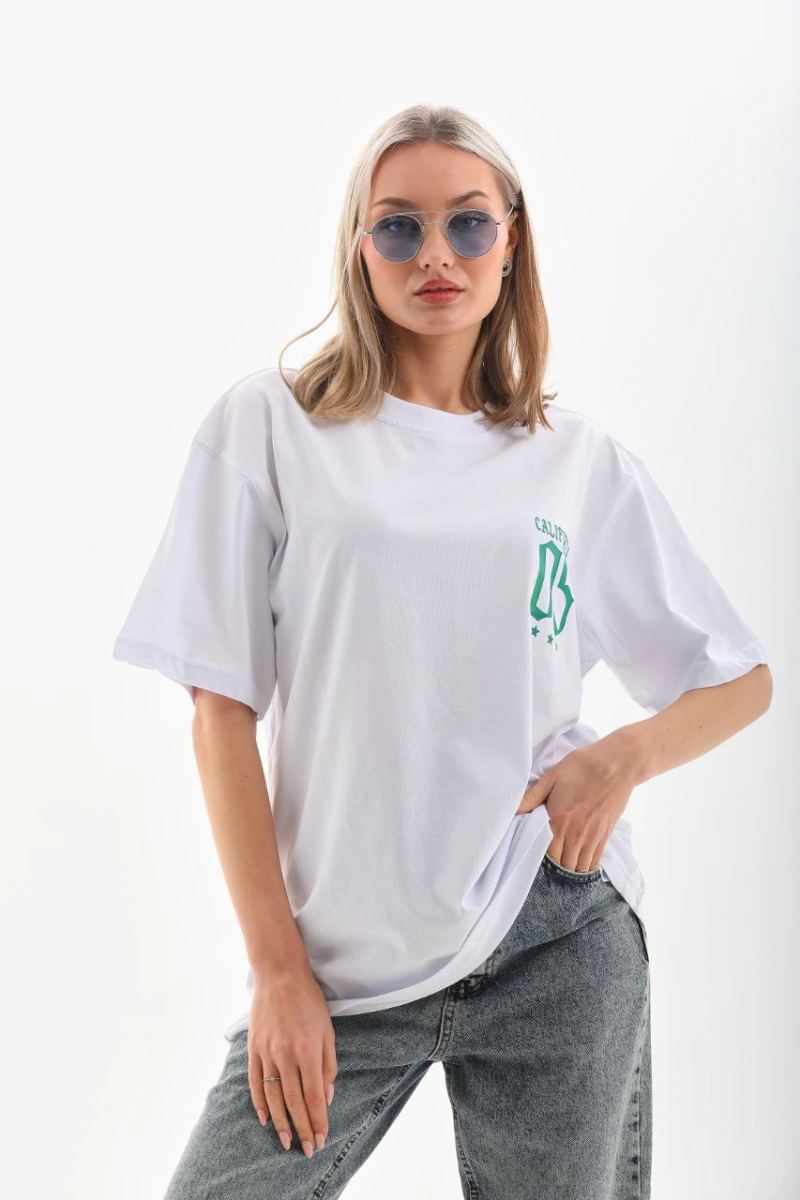 Kadın Baskılı kısa kol  Oversize T-Shirt - Beyaz