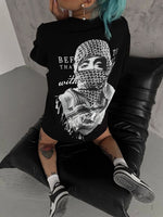 Kadın Kısa Kol Tişört Bisiklet Yaka Filistin Poşülü Baskılı T-Shirt - Siyah