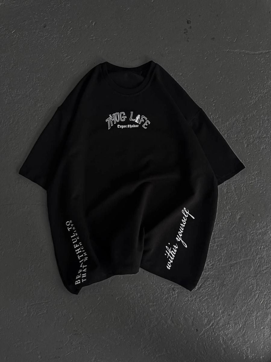Erkek Kısa Kol Tişört Bisiklet Yaka Filistin Poşulu Baskılı T-Shirt - Siyah