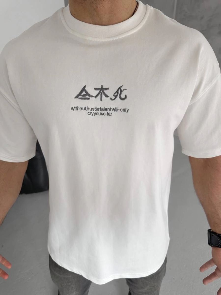 Erkek Bisiklet yaka Baskılı T-Shirt - Beyaz