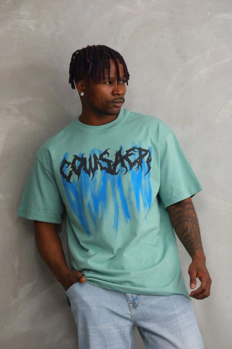 Erkek Baskılı T-Shirt Kısa Kol Bisiklet Yaka Rahat Kalıp Tişört - Mint Yeşili