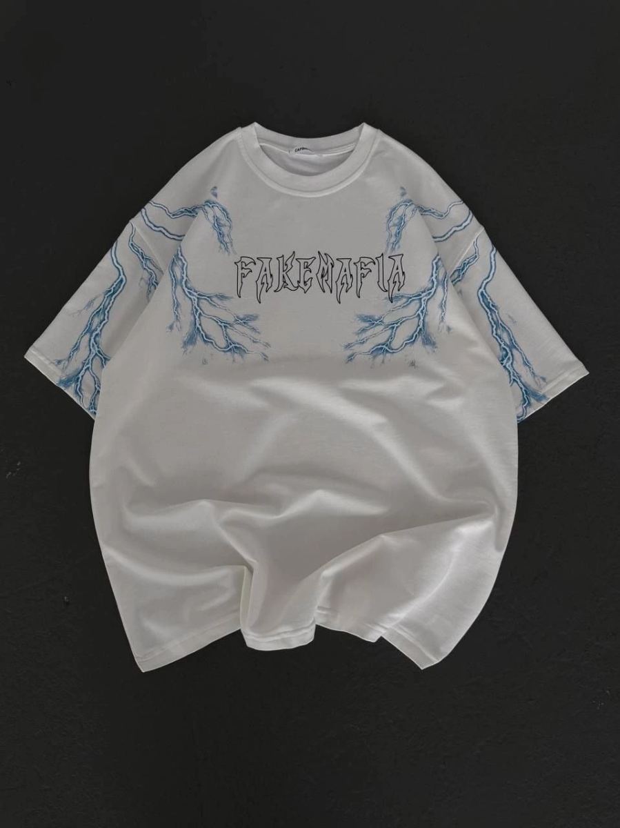 Kadın Tişort Bisiklet Yaka Yıldırım Şimşek Baskılı Kısa kol T-Shirt - Beyaz