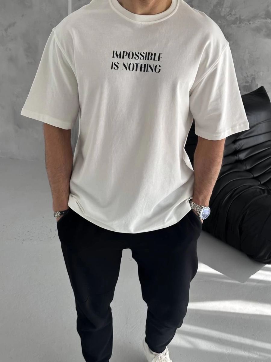 ERKEK Tişört Bisiklet Yaka Baskılı Oversize Kısa kol T-Shirt - Beyaz