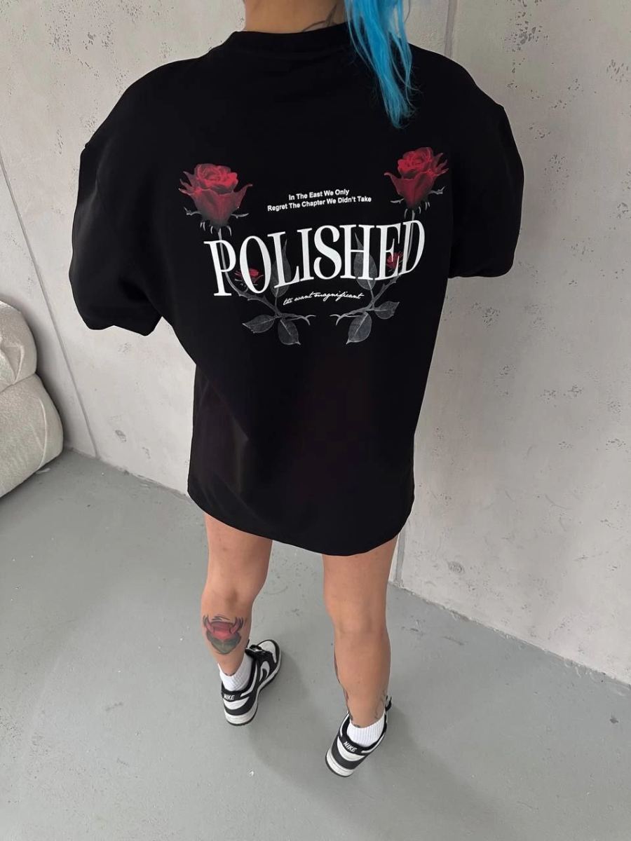 Kadın Bisiklet Yaka Baskılı kısa kol Oversize T-Shirt - Siyah