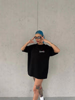 Kadın Bisiklet Yaka Baskılı kısa kol Oversize T-Shirt - Siyah