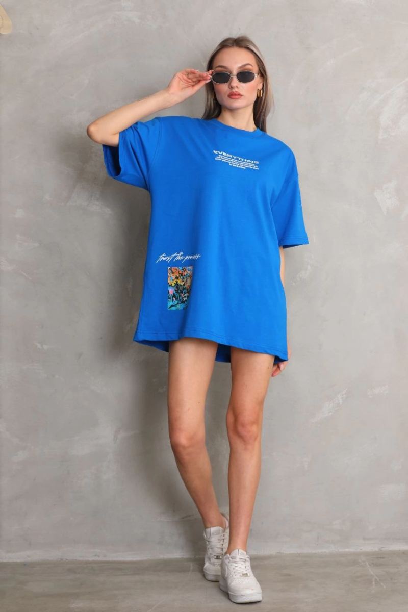 kadın Bisiklet Yaka Baskılı Oversize T-Shirt - Mavi