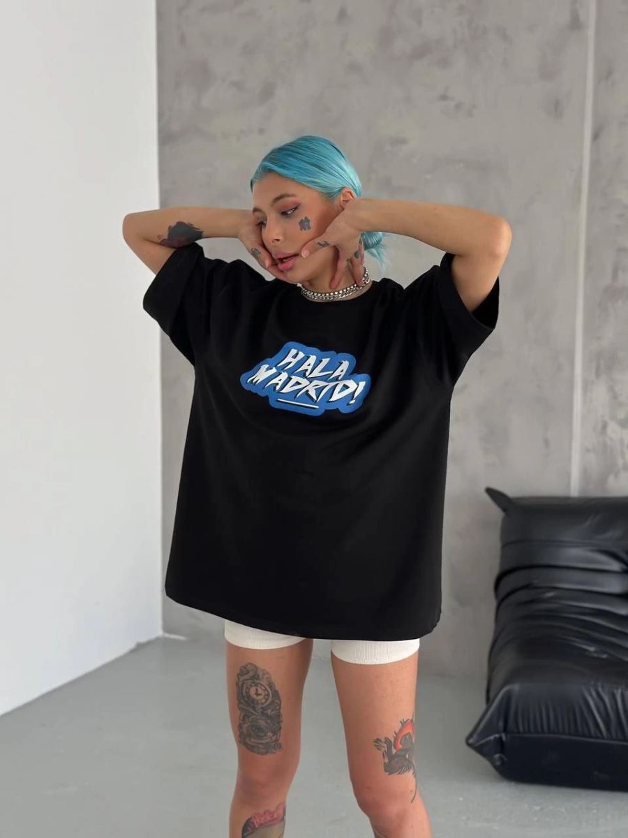 Kadın Kısa Kol Yazlık Tişört Bisiklet Yaka Baskılı Oversize T-Shirt - Siyah