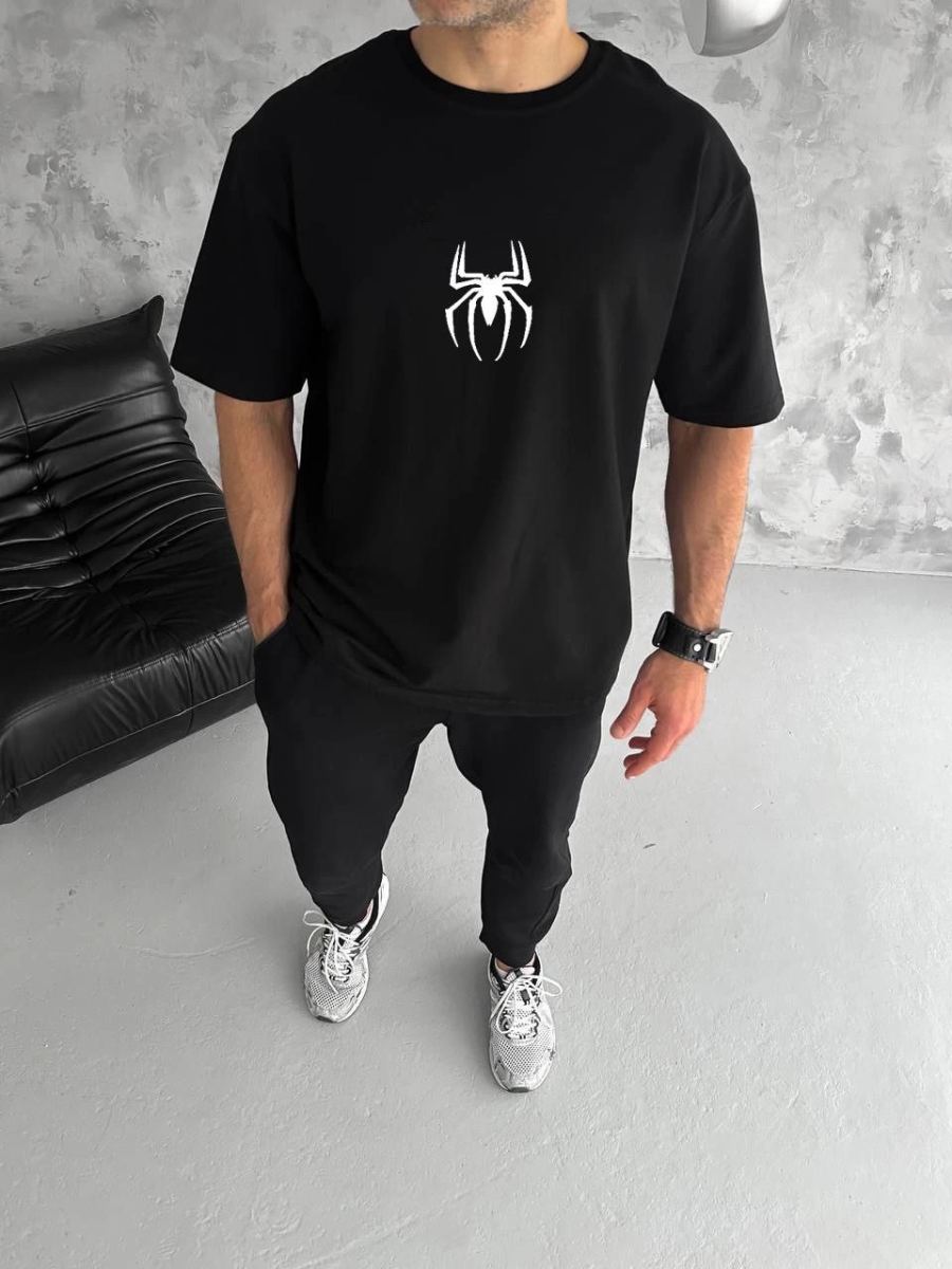 Erkek Kısa Kol Tişört Bisiklet Yaka ÖRÜMCEK Baskılı Oversize T-Shirt - Siyah