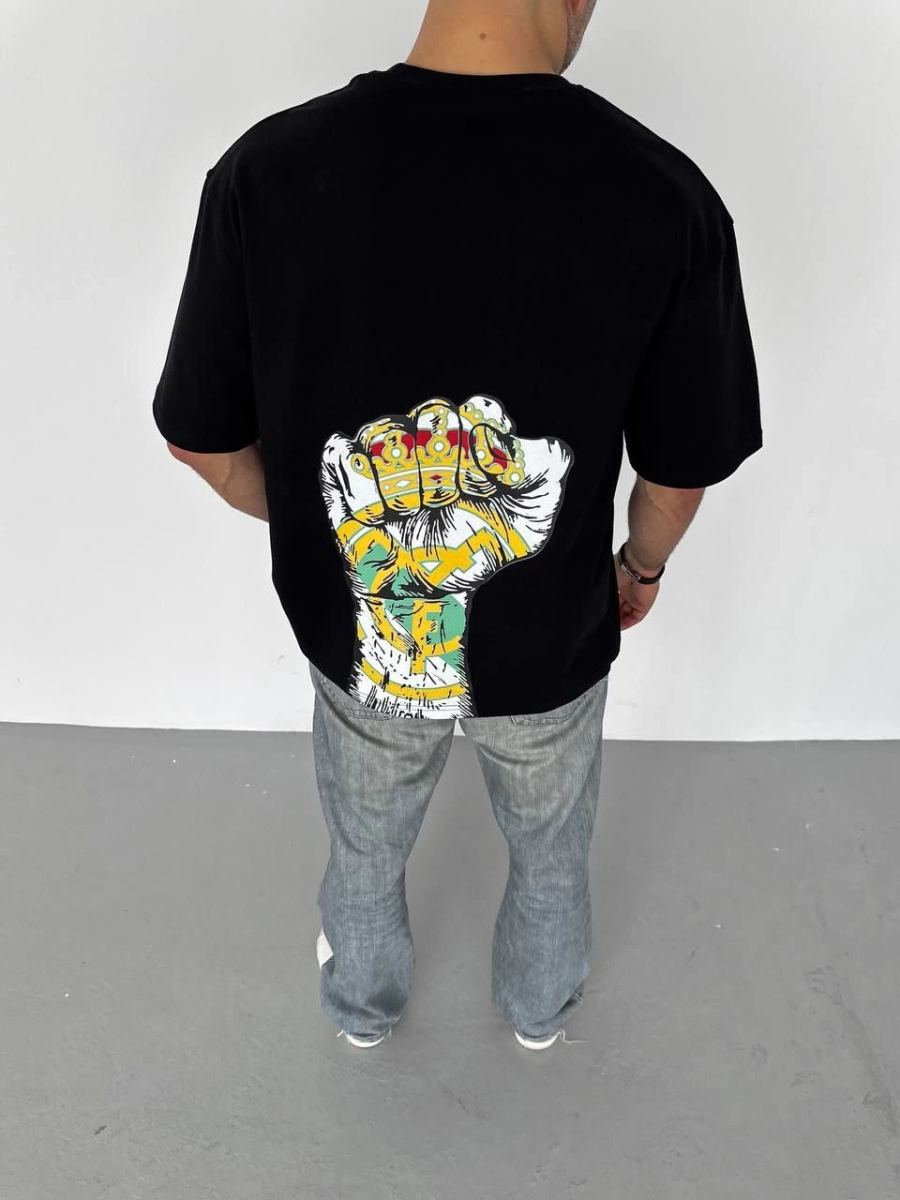 ERKEK Tişört Bisiklet Yaka Baskılı Oversize T-Shirt - Siyah