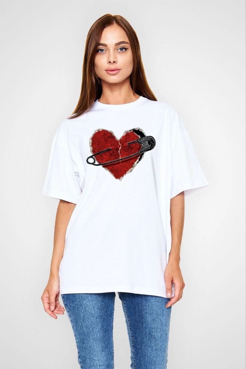 kadın Bisiklet Yaka Baskılı Kısa kol T-Shirt - Beyaz