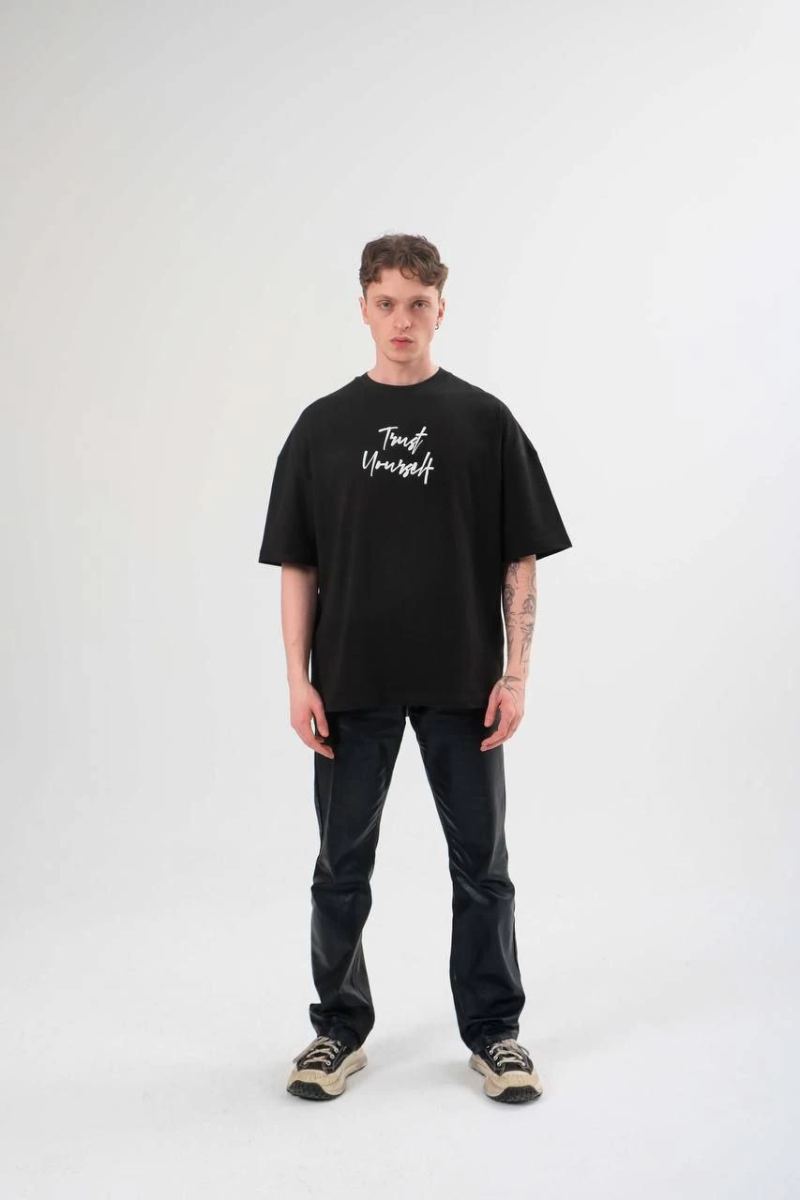 Erkek Kısa Kol Yazlık Tişört Bisiklet Yaka Baskılı Oversize T-Shirt -  Siyah
