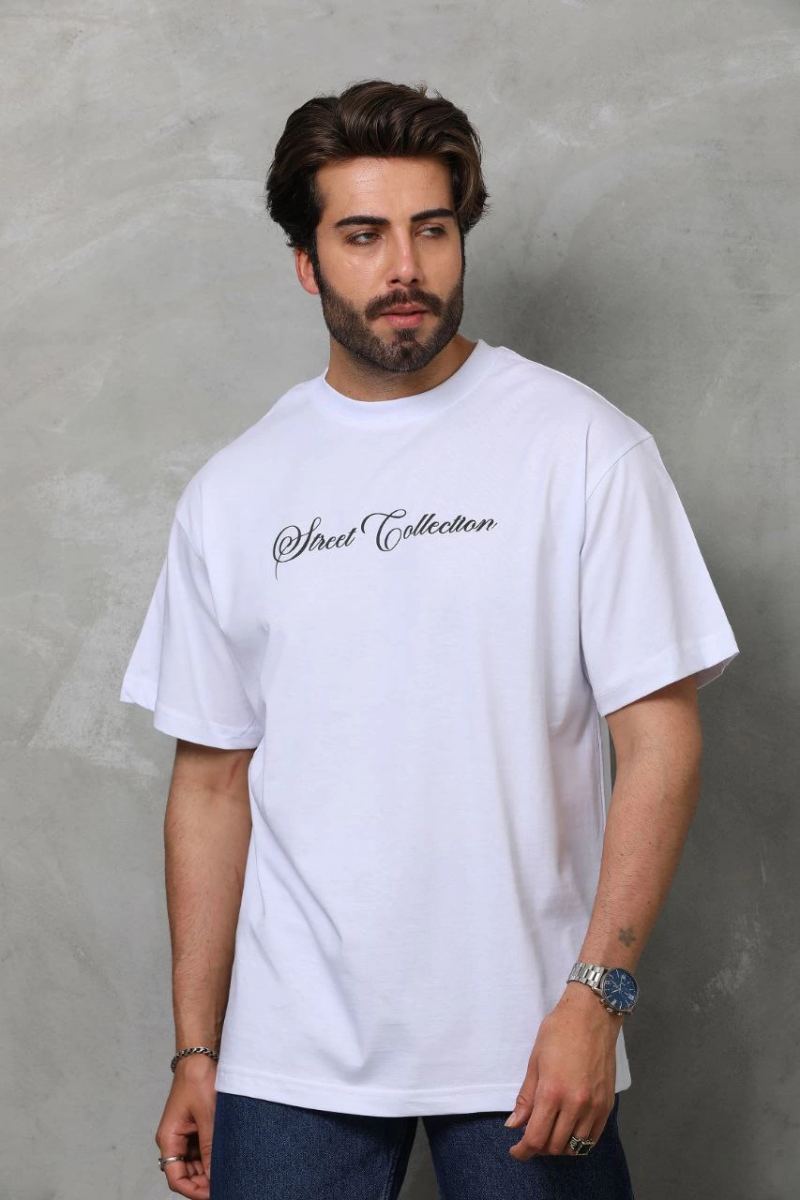 Erkek Bisiklet Yaka Baskılı Kısa Kol  T-Shirt - Beyaz