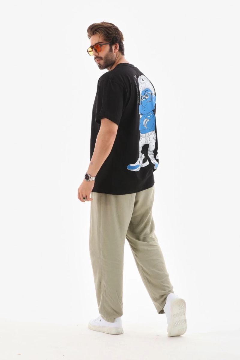 Erkek Kısa Kol Yazlık Tişört Bisiklet Yaka Baskılı Oversize T-Shirt - Siyah